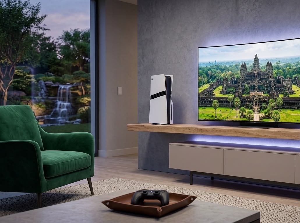 Sony PlayStation 5 Pro installée dans un salon moderne, sur un meuble TV