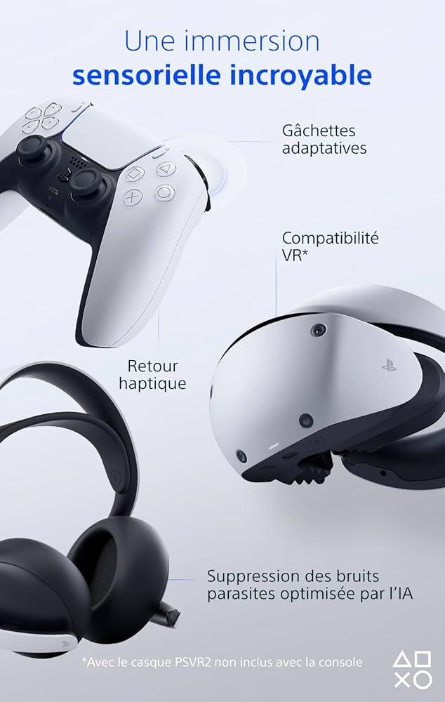Manette DualSense avec gâchettes adaptatives, retour haptique, compatibilité VR